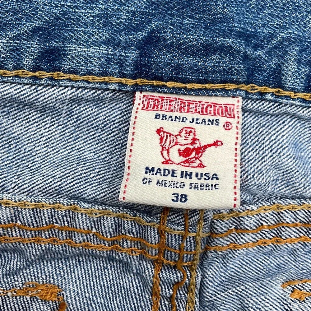 True Religion‎ Jeans Men 38W 32L Blue Distressed Denim Orange Stitching USA